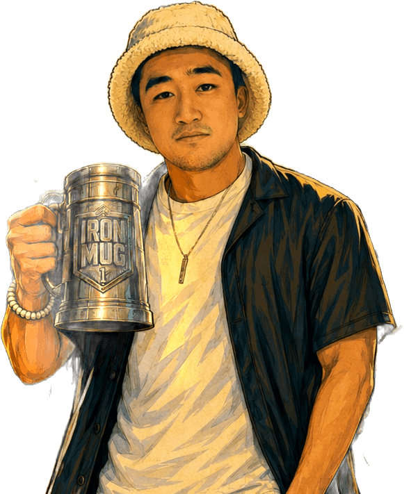 Bernie Liu holding the Iron Mug